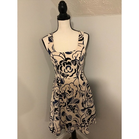 ANTHROPOLOGIE Vanessa Virginia Blue Black Floral Ink Set Blooms Dress Size 2 - Picture 1 of 12